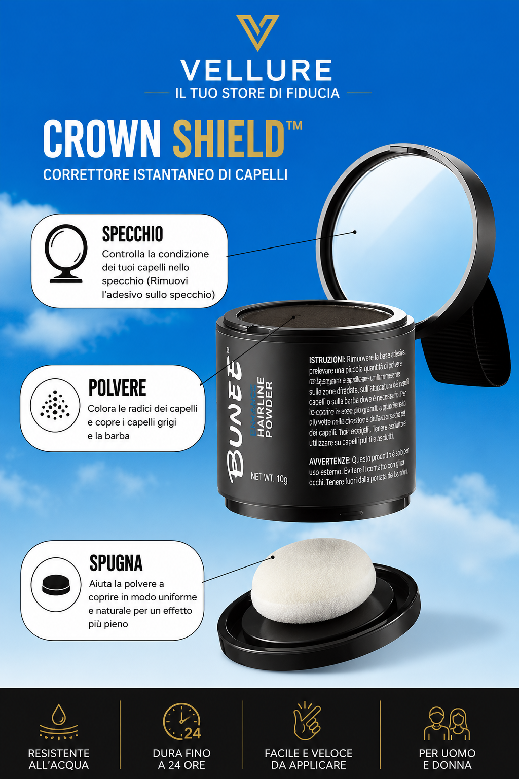 🔥 CROWN SHIELD™ | Copertura Istantanea per Capelli Diradati e Capelli Bianchi – Effetto Folto Naturale in Pochi Secondi