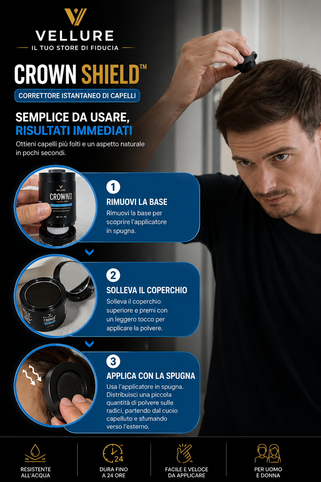🔥 CROWN SHIELD™ | Copertura Istantanea per Capelli Diradati e Capelli Bianchi – Effetto Folto Naturale in Pochi Secondi