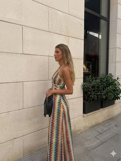 Abito lungo da vacanza all'uncinetto con scollo all'americana Abito da donna sexy con scollo a V scollato senza schienale lavorato a maglia con cut-out Abito da festa