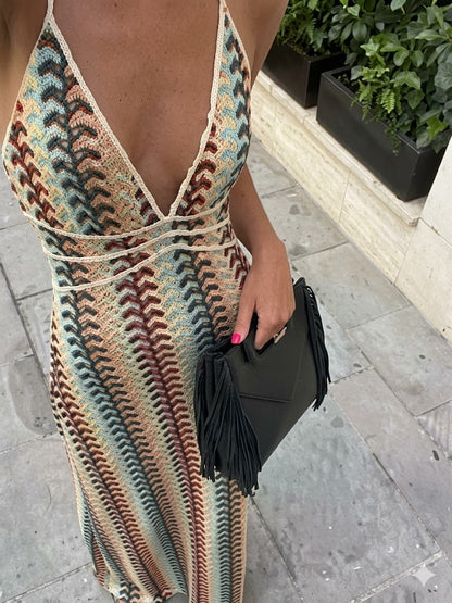Abito lungo da vacanza all'uncinetto con scollo all'americana Abito da donna sexy con scollo a V scollato senza schienale lavorato a maglia con cut-out Abito da festa
