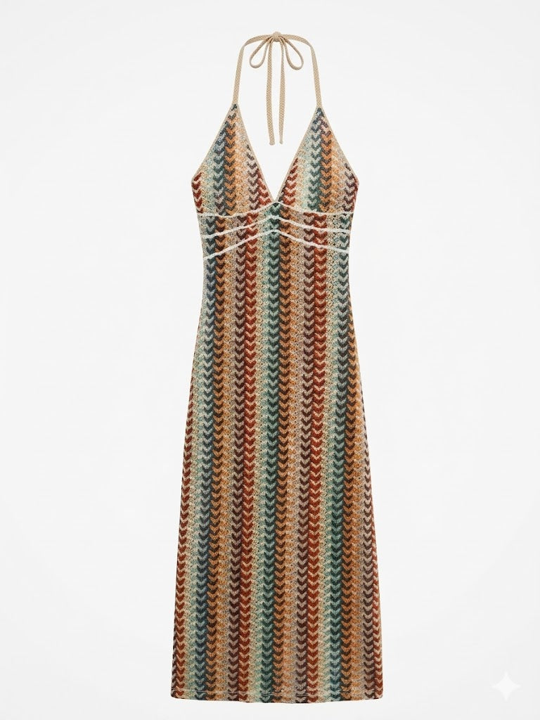 Abito lungo da vacanza all'uncinetto con scollo all'americana Abito da donna sexy con scollo a V scollato senza schienale lavorato a maglia con cut-out Abito da festa