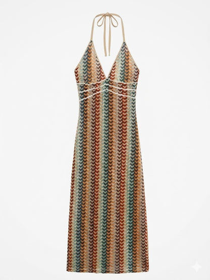 Abito lungo da vacanza all'uncinetto con scollo all'americana Abito da donna sexy con scollo a V scollato senza schienale lavorato a maglia con cut-out Abito da festa