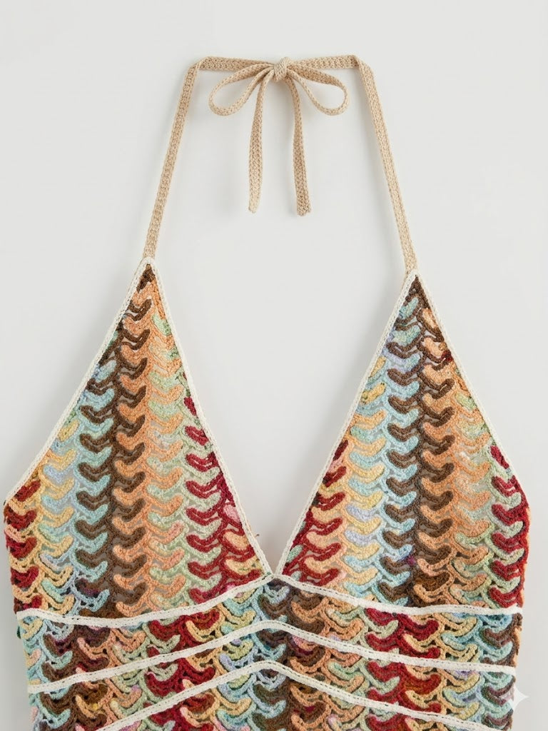 Abito lungo da vacanza all'uncinetto con scollo all'americana Abito da donna sexy con scollo a V scollato senza schienale lavorato a maglia con cut-out Abito da festa